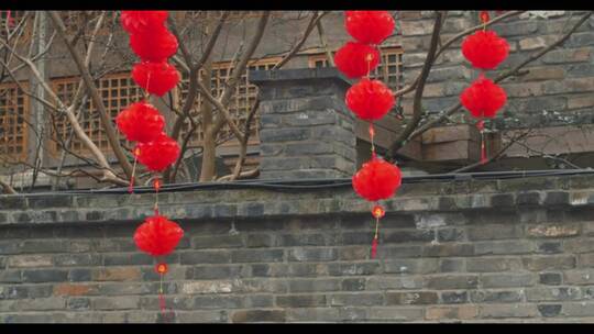 中国传统的红灯笼挂在无叶的树枝上
