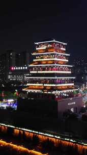 陕西安康美术馆夜景安康西城阁夜景竖版航拍