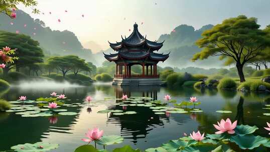 中式园林荷花池中的古亭风景