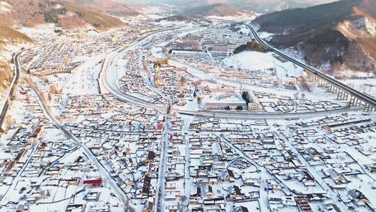 中国黑龙江冬季横道河子东北小镇雪乡航拍