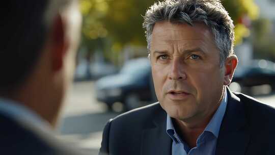 户外交谈的西装男士