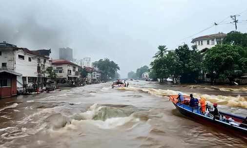 街道被洪水淹没船只在水中行驶