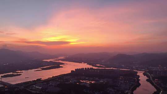 航拍福州城市晚霞落日美景