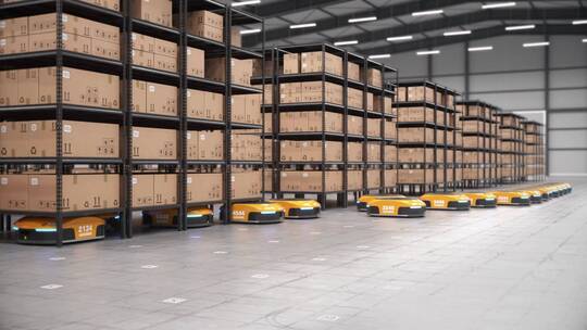 机器人在仓库中移动货架和货物视频素材模板下载