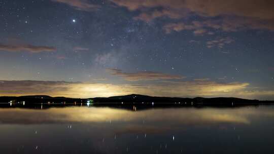 延时拍摄平静的湖面傍晚星空