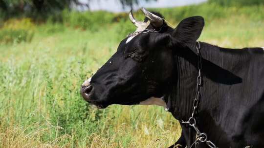 黑色和白色奶牛躺在草地上咀嚼草慢动作视频素材模板下载