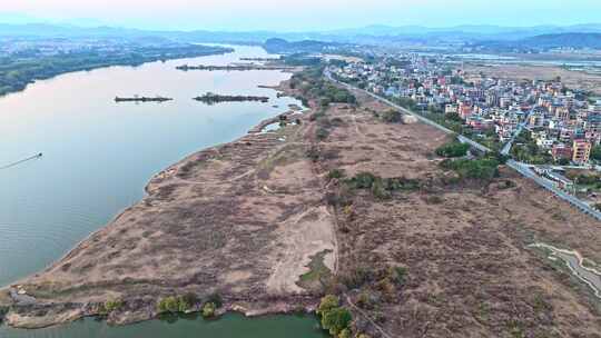 航拍冬季白昼惠州横沥东江边城镇乡村场景