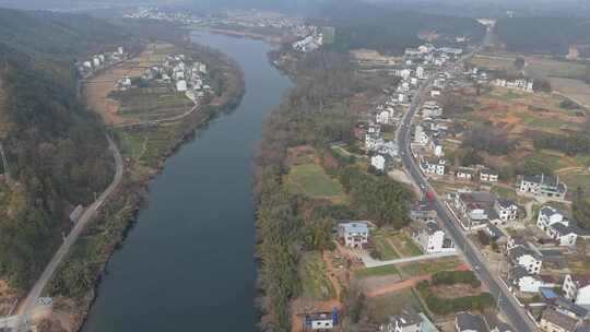 安徽皖南乡村风光航拍河流与村庄景色