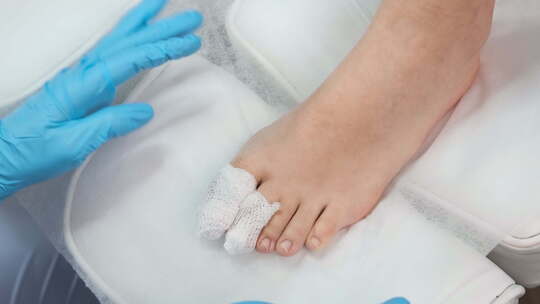 脚趾医生在指甲去除后使用绷带在脚趾上涂抹