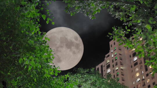 夜晚月亮-城市上空月亮升起-中秋月亮