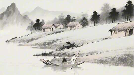 水墨画中古人泛舟山水间