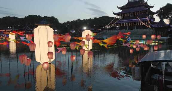 苏州盘门三景春节元宵节水上花灯夜景灯光秀