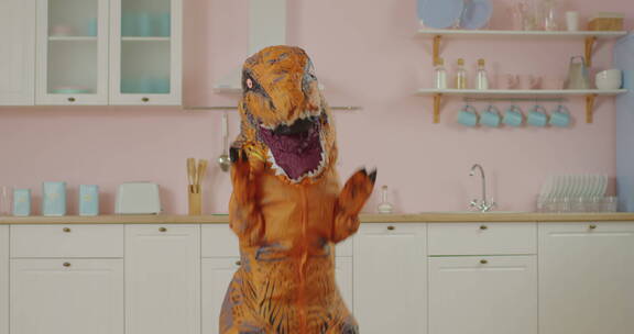 粉色厨房里棕色恐龙在跳的滑稽舞蹈