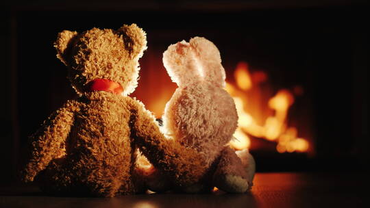 熊和兔子玩偶摆在壁炉边视频素材模板下载