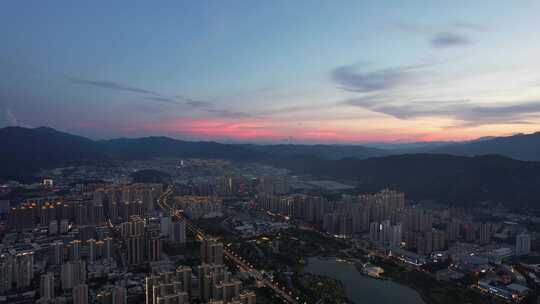 福建龙岩城市夜幕降临晚霞夜景灯光航拍