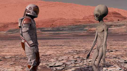 宇航员在火星上遇到一个火星外星人并摇晃