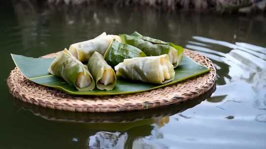 水面上竹盘装的粽叶包裹食物