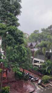 大雨中的西双版纳告庄街景：民居和街道