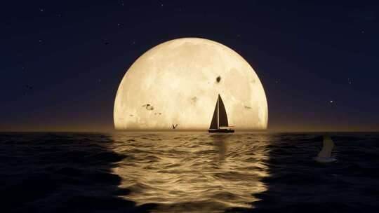 夜晚大海上缓慢升起的月亮