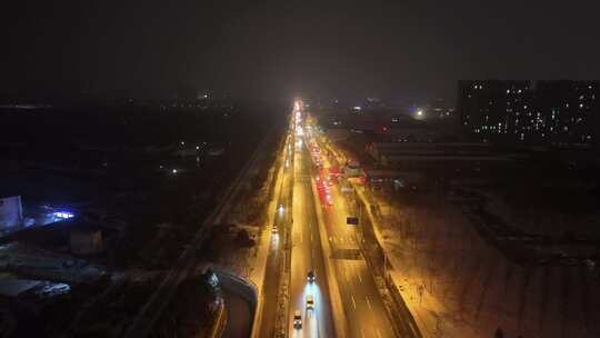 航拍城市雪夜景石家庄