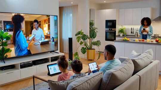 家庭客厅中人们使用电子设备