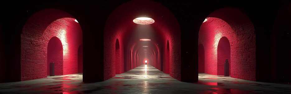 红色灯光砖砌隧道场景