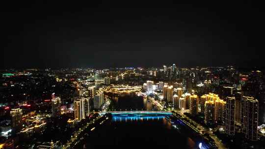 福建福州闽江夜景灯光中洲岛航拍