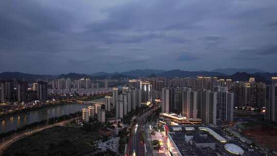 江西宜春城市夜幕降临晚霞夜景航拍