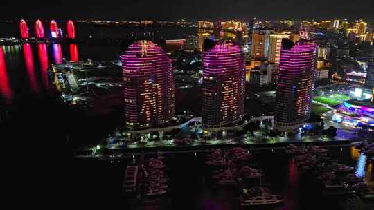 海南三亚三亚河城市建筑璀璨夜景