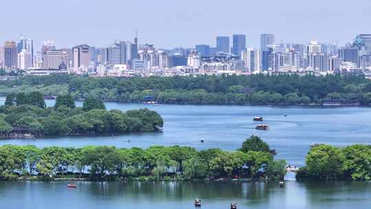 杭州西湖景区与城市同框长焦航拍