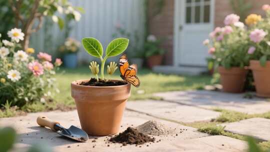 庭院盆栽绿植与蝴蝶场景