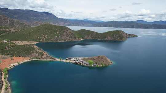 云南丽江泸沽湖摩梭族美景高空航拍