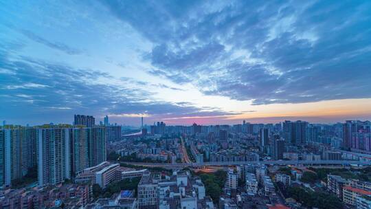 广州城市建筑群与天空日出朝霞火烧云延时