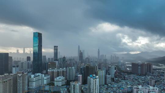 深圳早晨福田看罗湖下雨和日出延时摄影