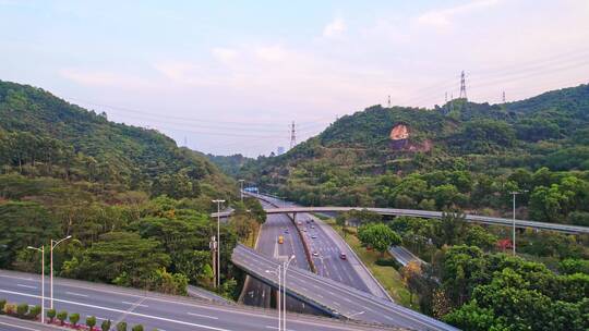 深圳龙华区城郊道路交通枢纽夕阳下航拍