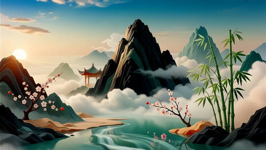 新国潮古风水墨云雾缭绕庭院山水风景合集高清在线视频素材下载