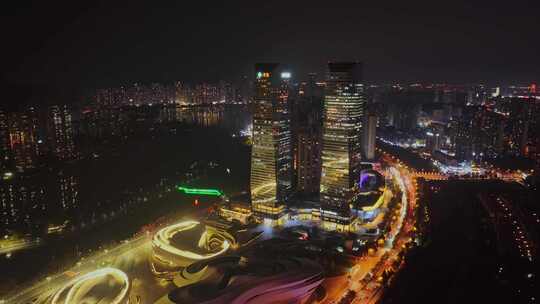 湖南长沙梅溪湖城市夜景航拍风光