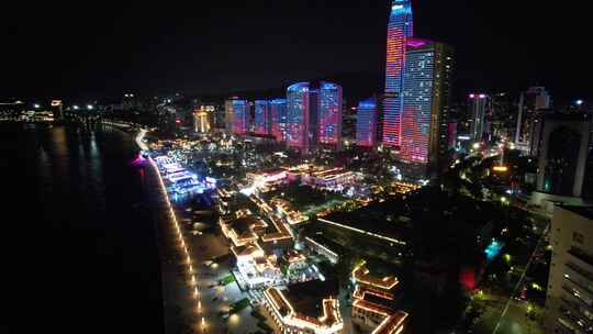 山东烟台城市夜景灯光航拍