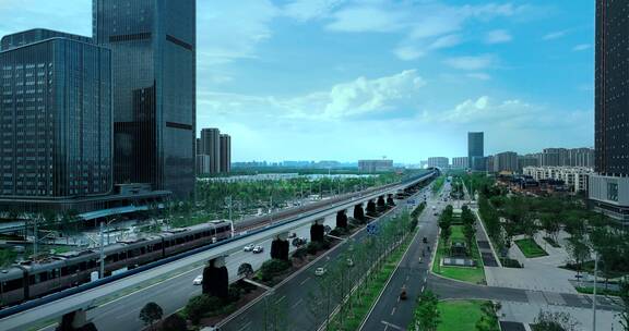 航拍西安浐灞奥体中心运行的高铁