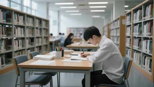 男生在图书馆桌前书写学习