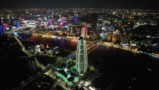 浙江宁波城市夜景灯光航拍