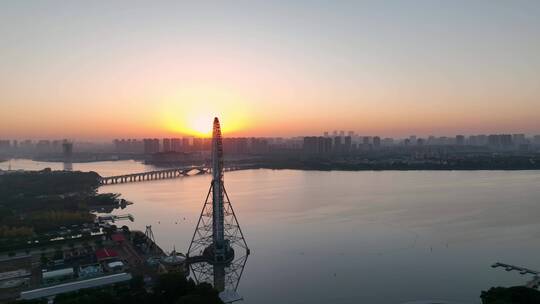 日出航拍蠡湖摩天轮与无锡大剧院