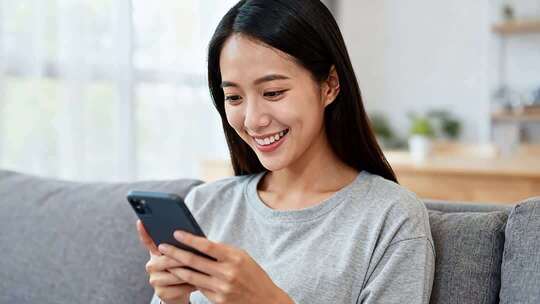 女子沙发上开心看手机