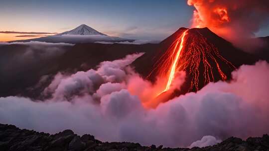 火山喷发与雪山云海景观