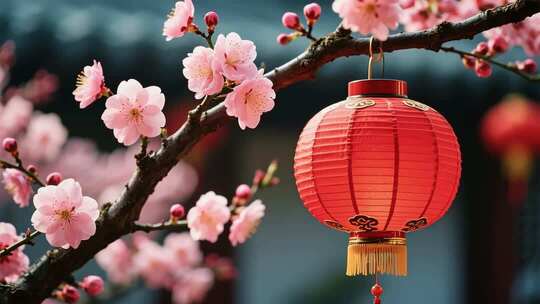 红色灯笼点缀粉色梅花梦幻仙境
