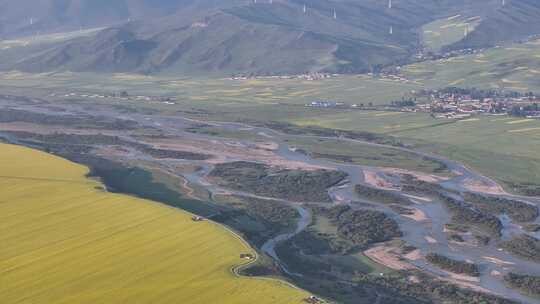 青海门源县油菜花河流航拍4K视频灰片未调色