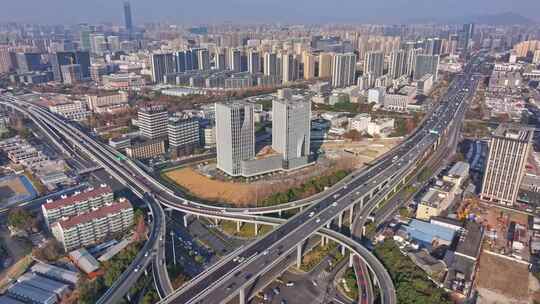 4K航拍杭州城市高架路高速路