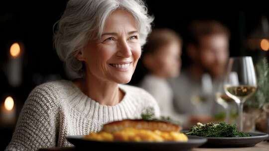 家庭聚餐长辈微笑特写镜头