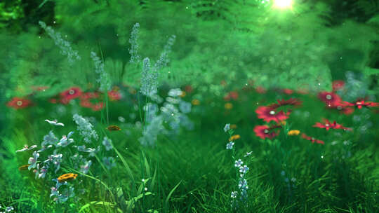 神奇的自然绿树，五颜六色的花朵的动画
