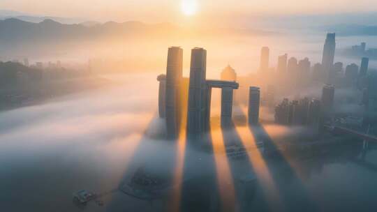 城市高楼日出云海航拍画面